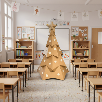 Cardboard Christmas Tree with 100 stick on decorations. Ready to be coloured in and personalised. Made in Australia from recycled cardboard and 100% curb side recyclable